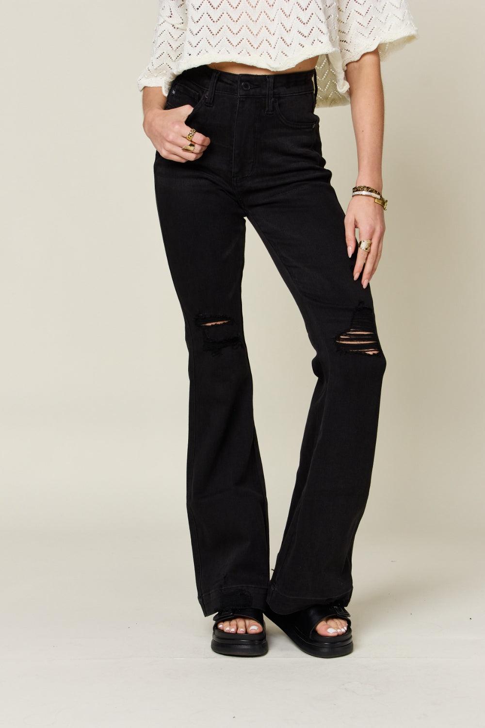 Judy Blue | High Rise Distressed Flare Jeans in Black