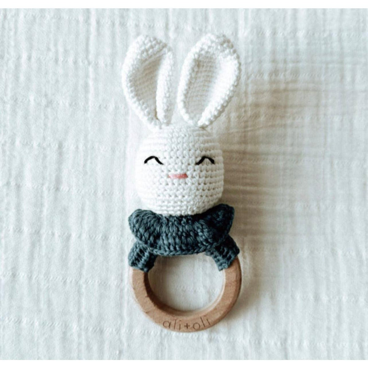 Ali & Oli | Infant Baby Bunny Crochet Teething Toy | Rattle Wood Ring - becauseofadi