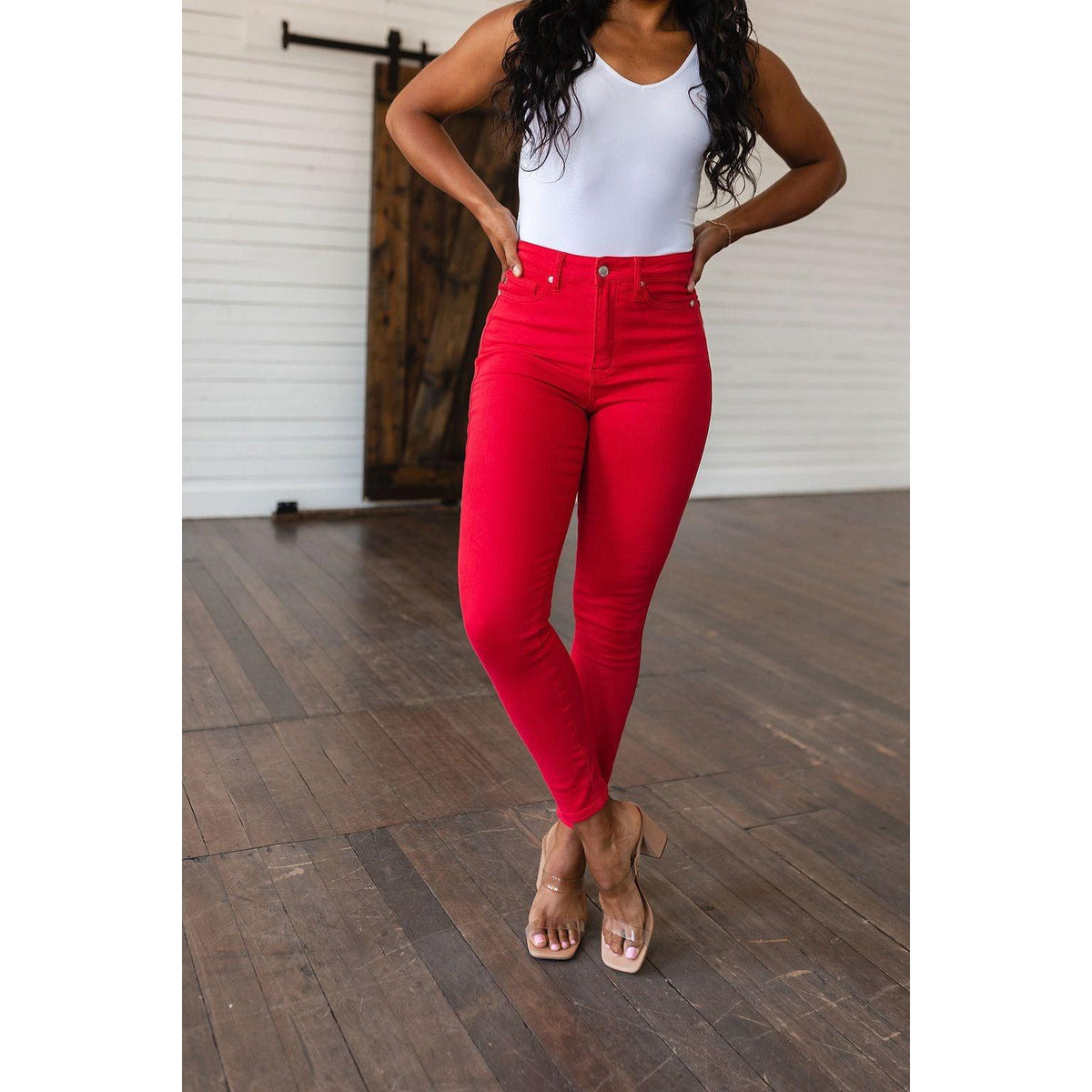 Ruby High Rise Control Top Garment Dyed Skinny Jeans in Red | Judy Blue - becauseofadi