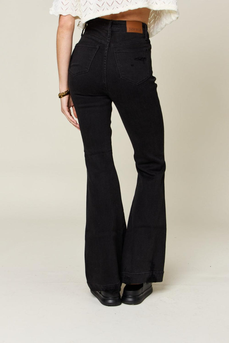 Judy Blue | High Rise Distressed Flare Jeans in Black - becauseofadi