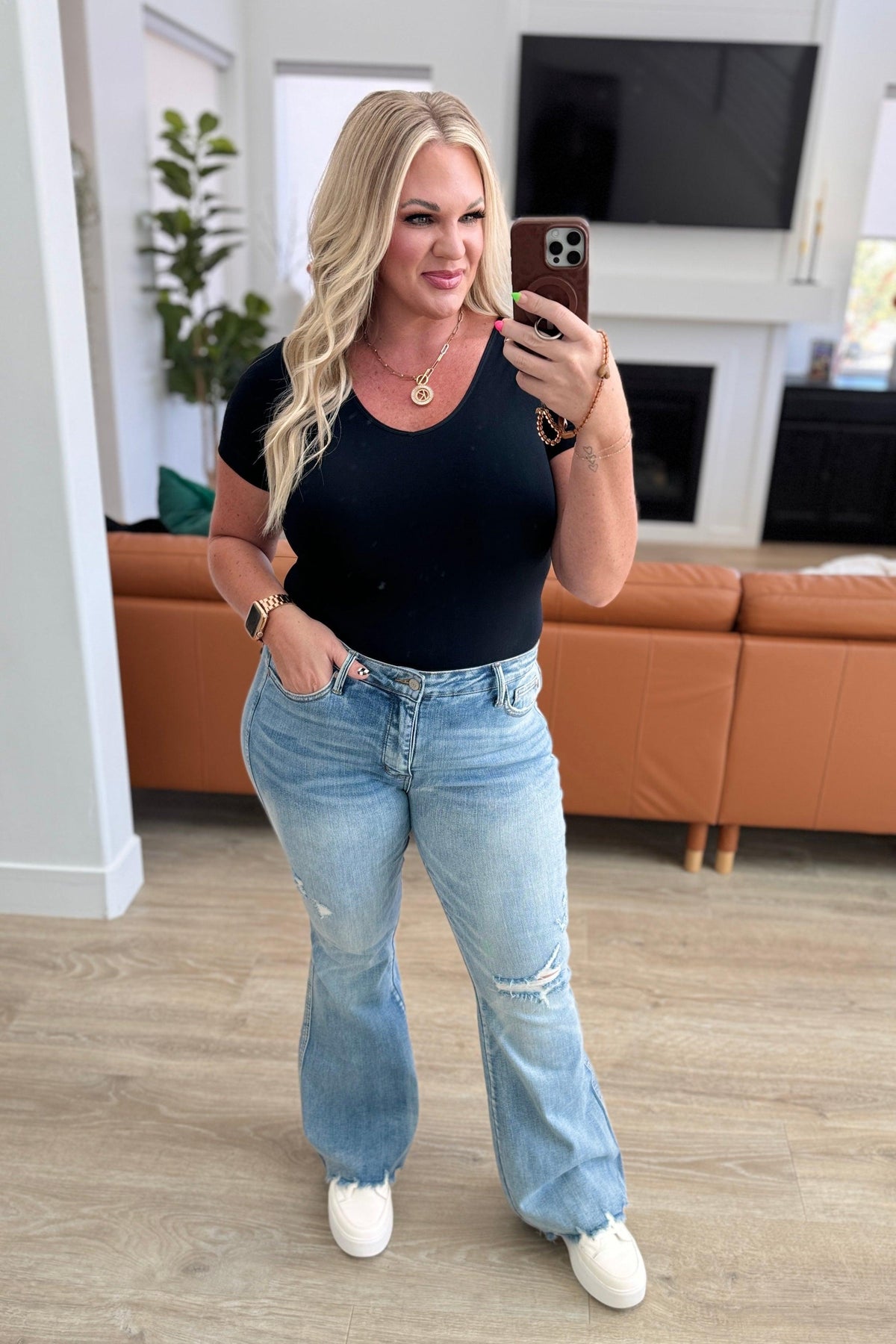 Judy Blue | Caroline Mid Rise Control Top Distressed Flare Jeans