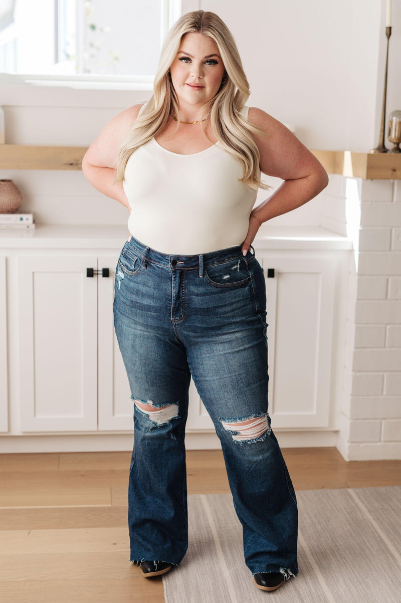 Judy Blue | Cassandra High Rise Control Top Distressed Flare Jeans - becauseofadi