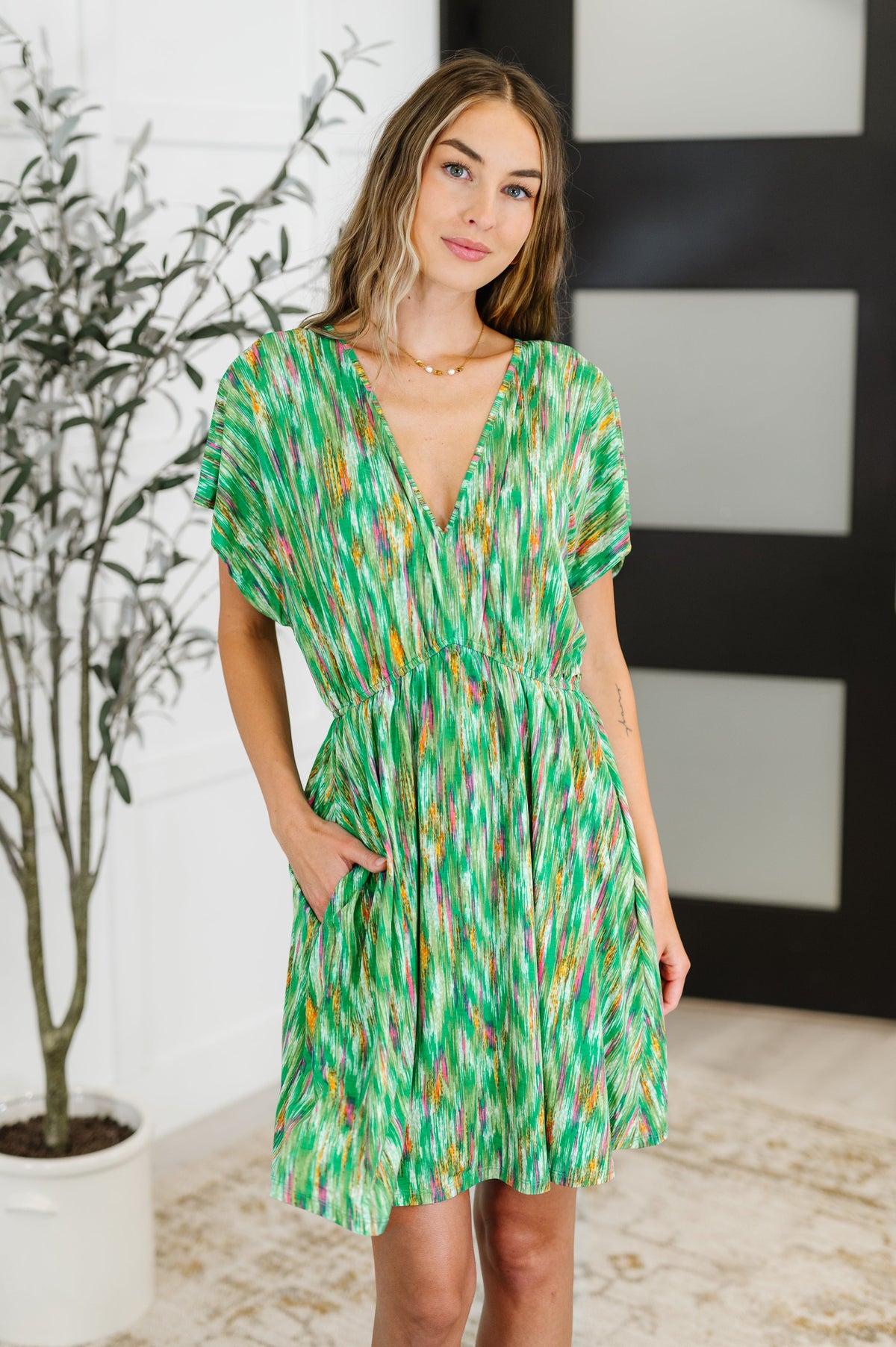 Chic Repeat V-Neck Dress in Multi-Color