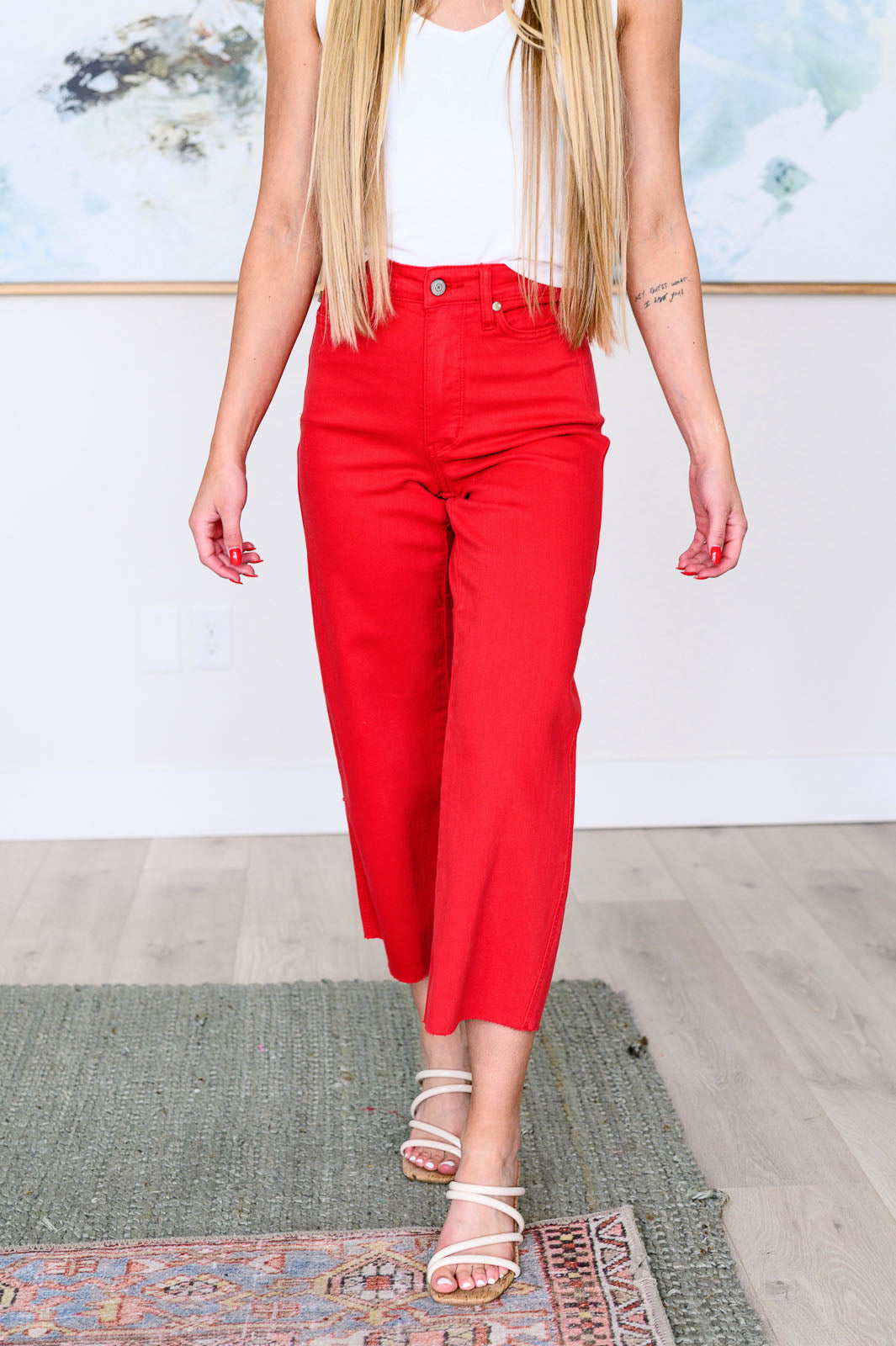 Judy Blue | Lisa High Rise Control Top Wide Leg Crop Jeans in Red - becauseofadi