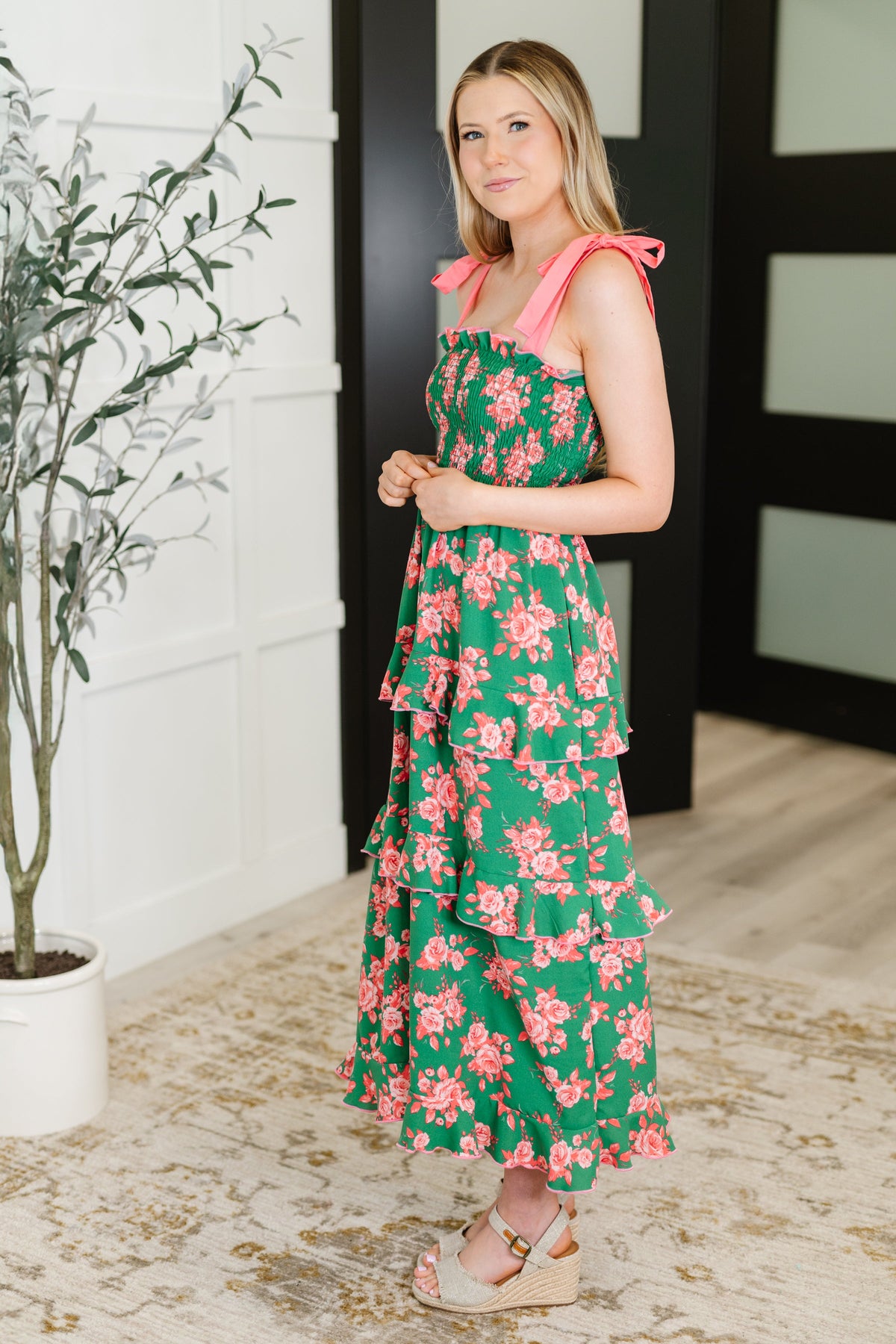 Low Effort, High Impact Tiered Dress in Green/Coral