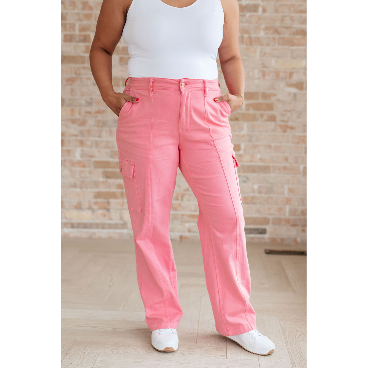 Judy Blue | Peggy High Rise Cargo Straight Jeans in Pink