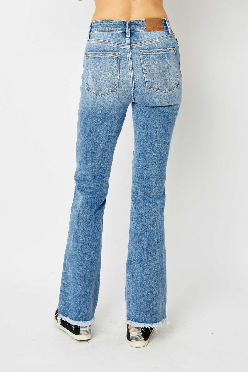 Judy Blue | Mid-Rise Distressed Raw Hem Bootcut Jeans - becauseofadi