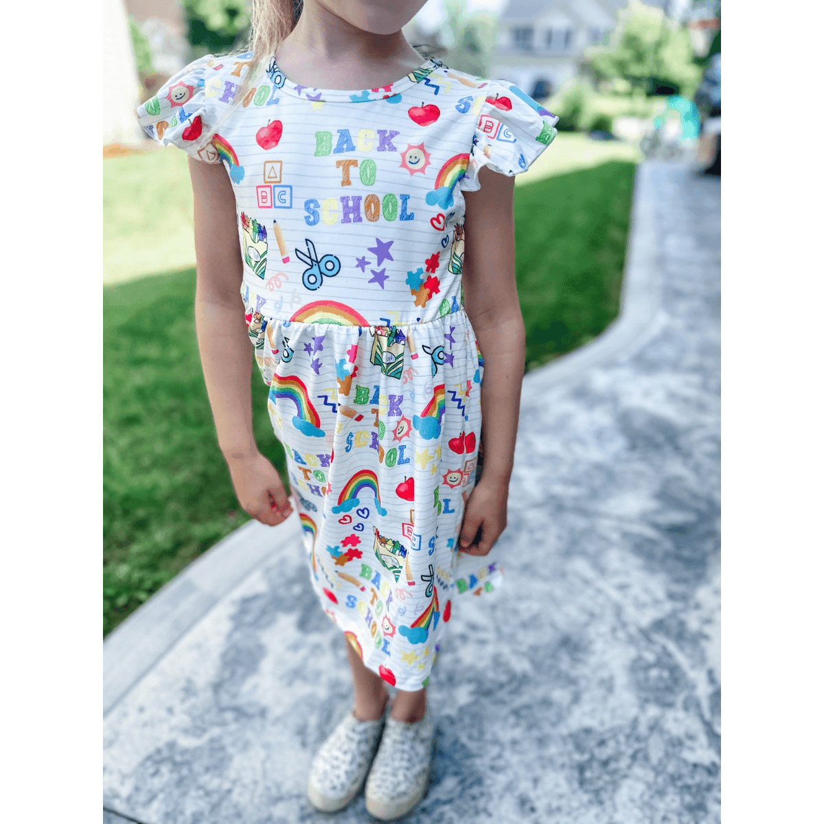Girl's Back To School Rainbow ABC Twirl Dress - becauseofadi