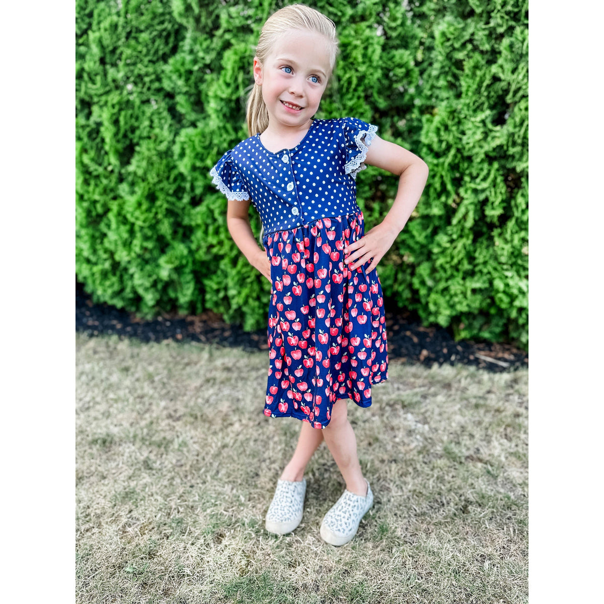 Girl's Navy Apple Print Ruffle Dress - becauseofadi