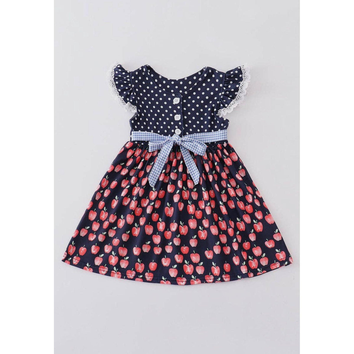 Girl's Navy Apple Print Ruffle Dress - becauseofadi