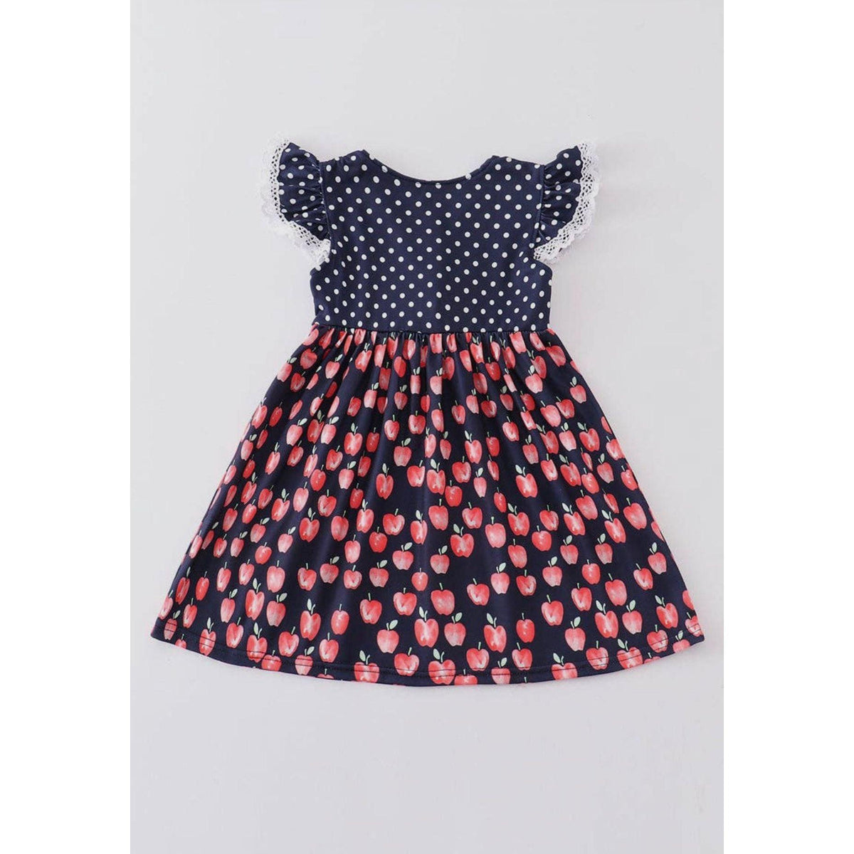 Girl's Navy Apple Print Ruffle Dress - becauseofadi