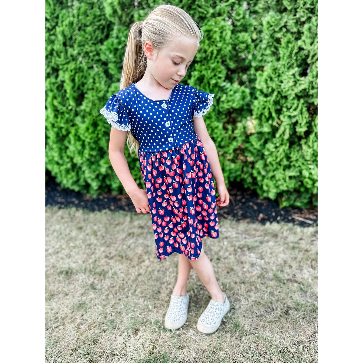 Girl's Navy Apple Print Ruffle Dress - becauseofadi