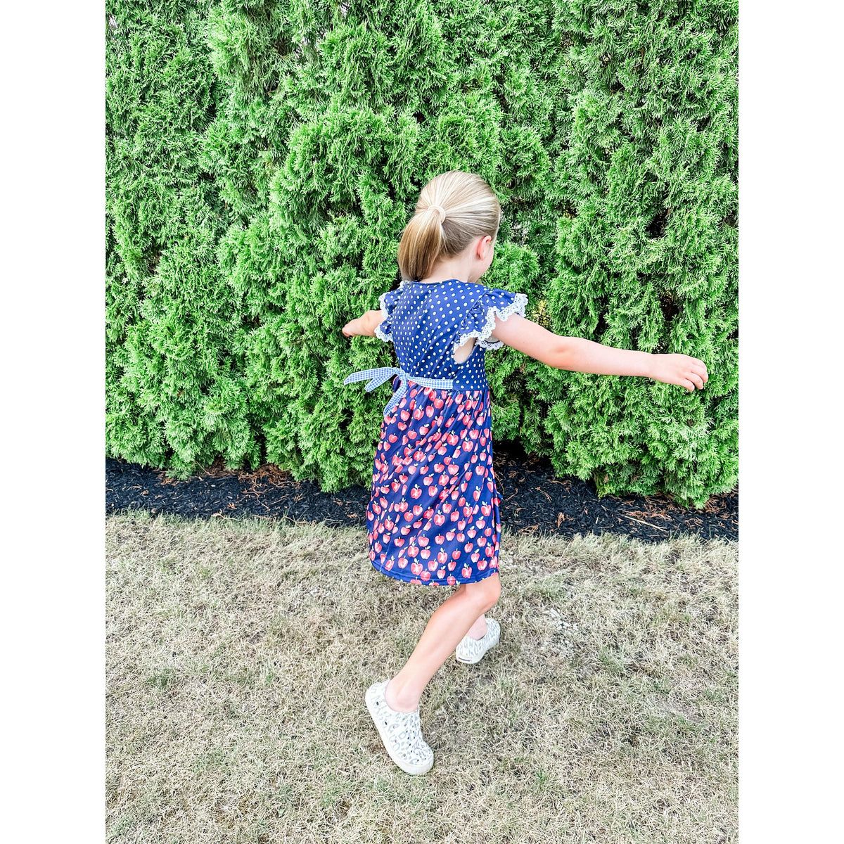 Girl's Navy Apple Print Ruffle Dress - becauseofadi