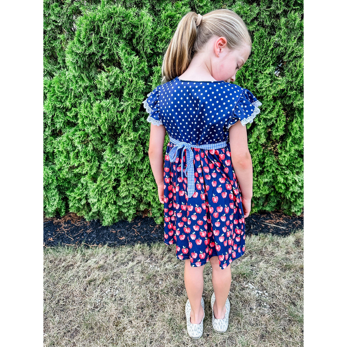 Girl's Navy Apple Print Ruffle Dress - becauseofadi