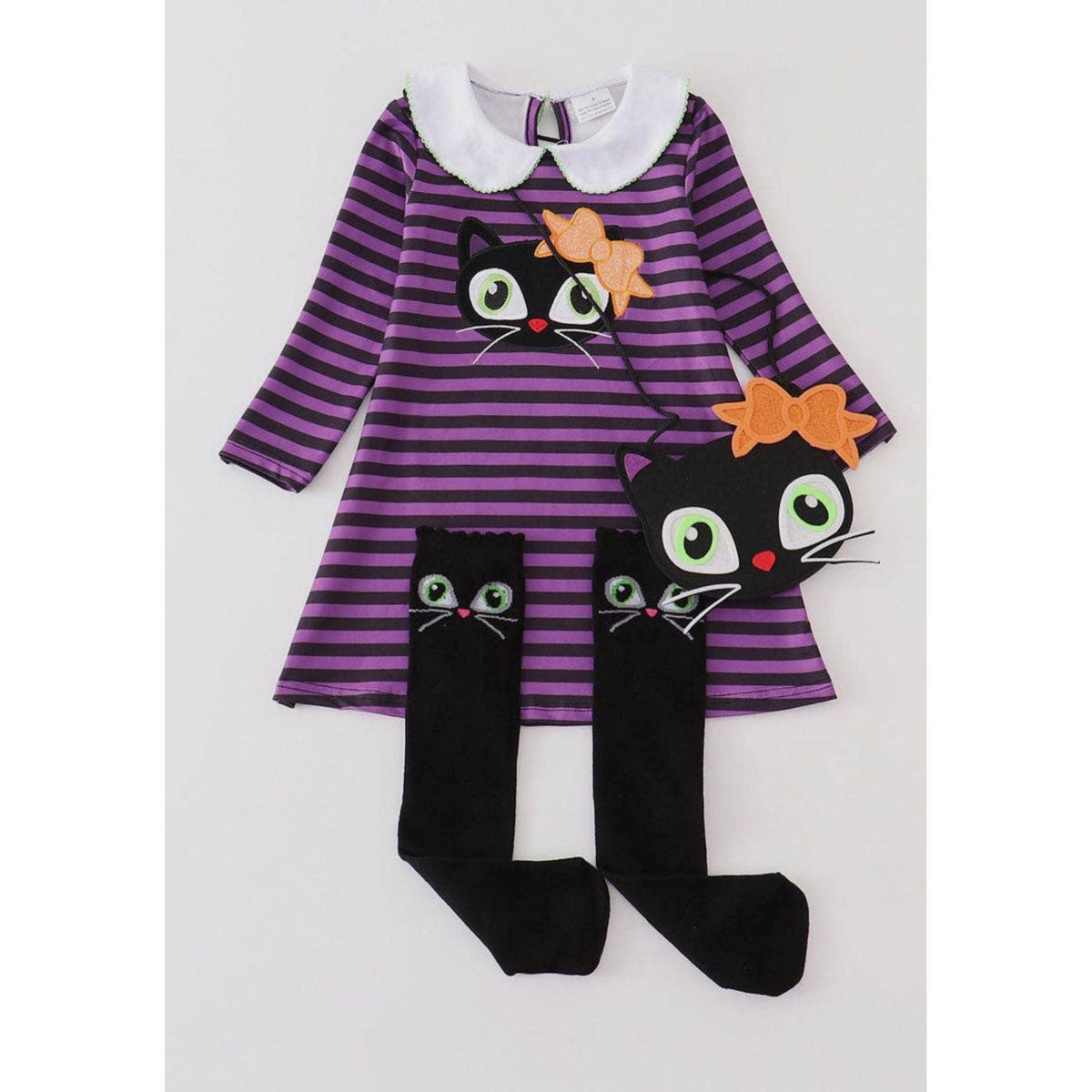 Girl's Purple Stripe Cat Applique Dress- 3pc Dress Socks Bag Set - becauseofadi