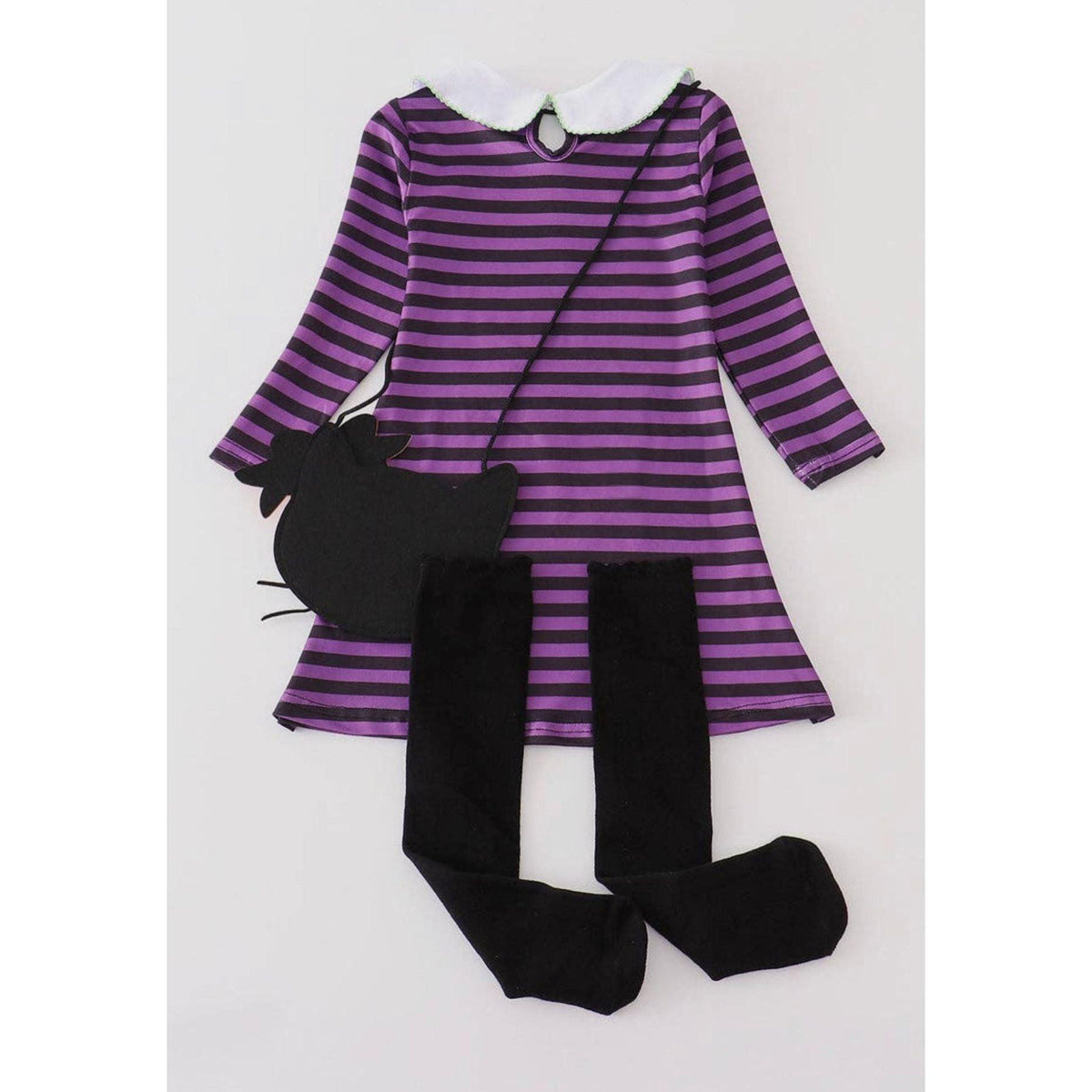 Girl's Purple Stripe Cat Applique Dress- 3pc Dress Socks Bag Set - becauseofadi