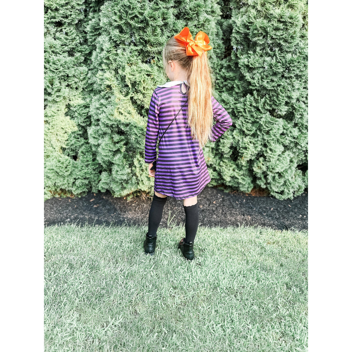 Girl's Purple Stripe Cat Applique Dress- 3pc Dress Socks Bag Set - becauseofadi