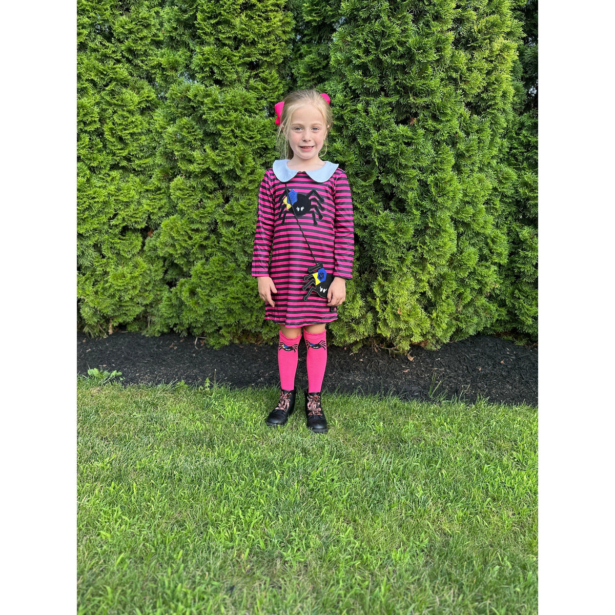 Girl's Striped Spider Dress with Matching Pouch and Socks in Pink | Halloween Dress - becauseofadi