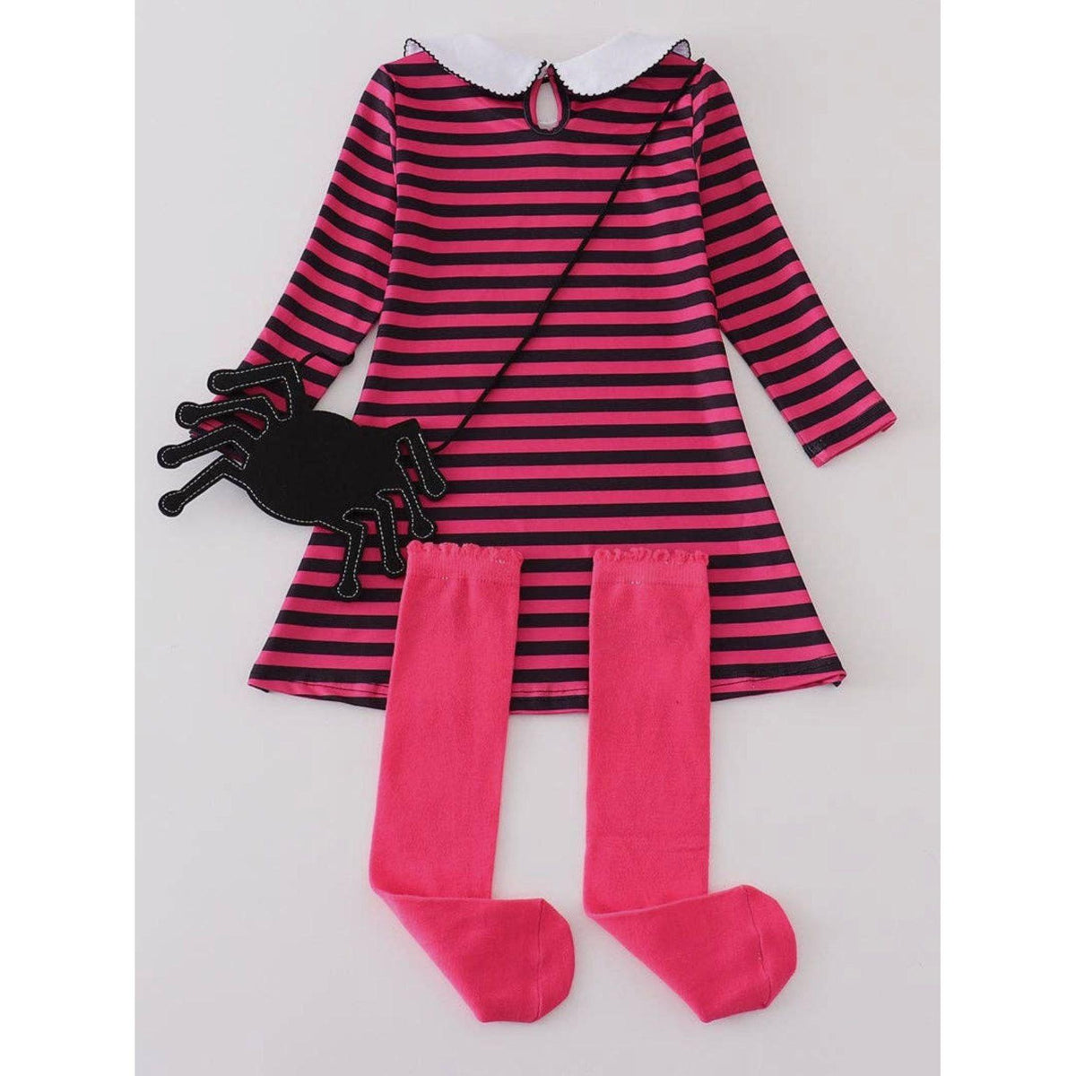 Girl's Striped Spider Dress with Matching Pouch and Socks in Pink | Halloween Dress - becauseofadi