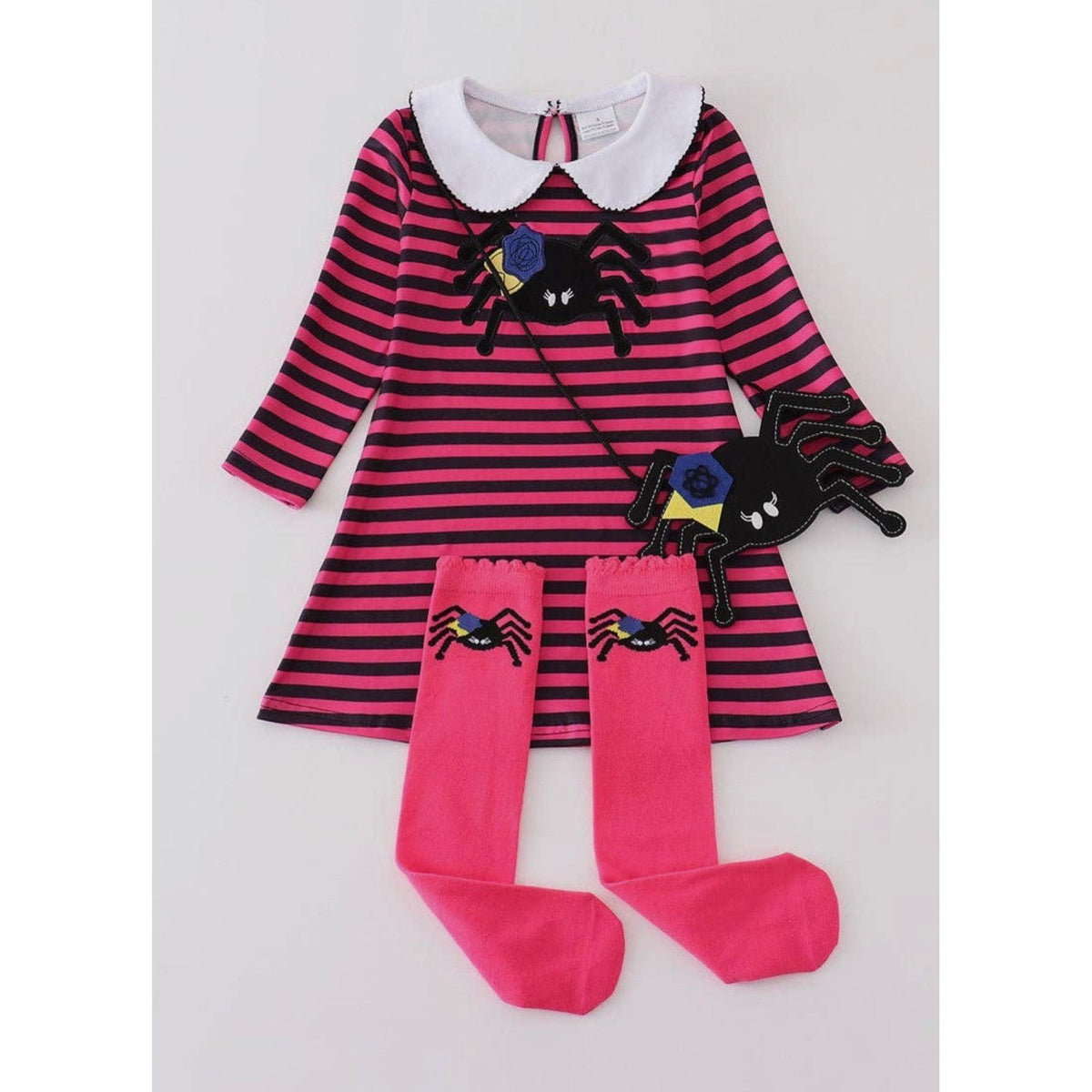 Girl's Striped Spider Dress with Matching Pouch and Socks in Pink | Halloween Dress - becauseofadi