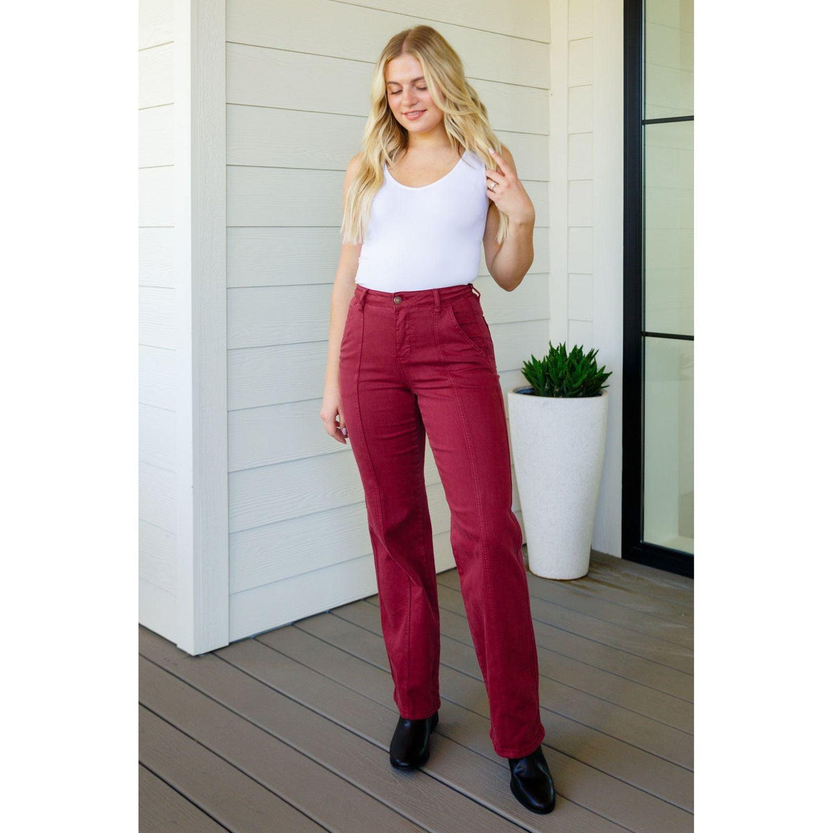 Phoebe High Rise Front Seam Straight Jeans in Burgundy - becauseofadi