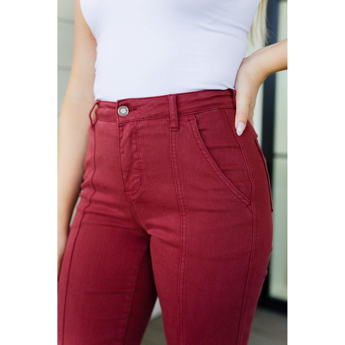 Phoebe High Rise Front Seam Straight Jeans in Burgundy - becauseofadi