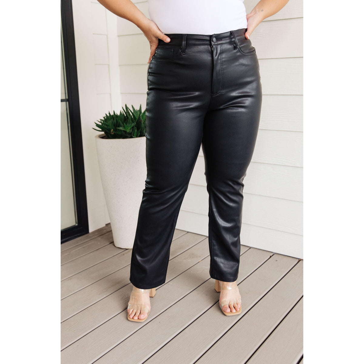Judy Blue | Tanya Control Top Faux Leather Pants in Black - becauseofadi