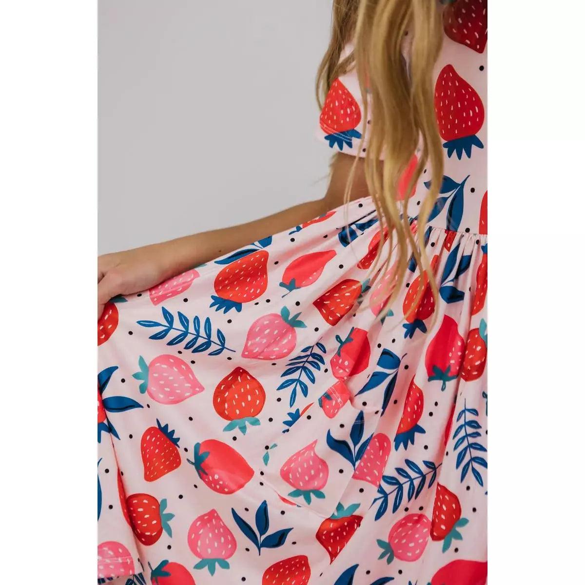 Girl's Sweet Strawberries Short Sleeve Pocket Twirl Dress | Pink - becauseofadi