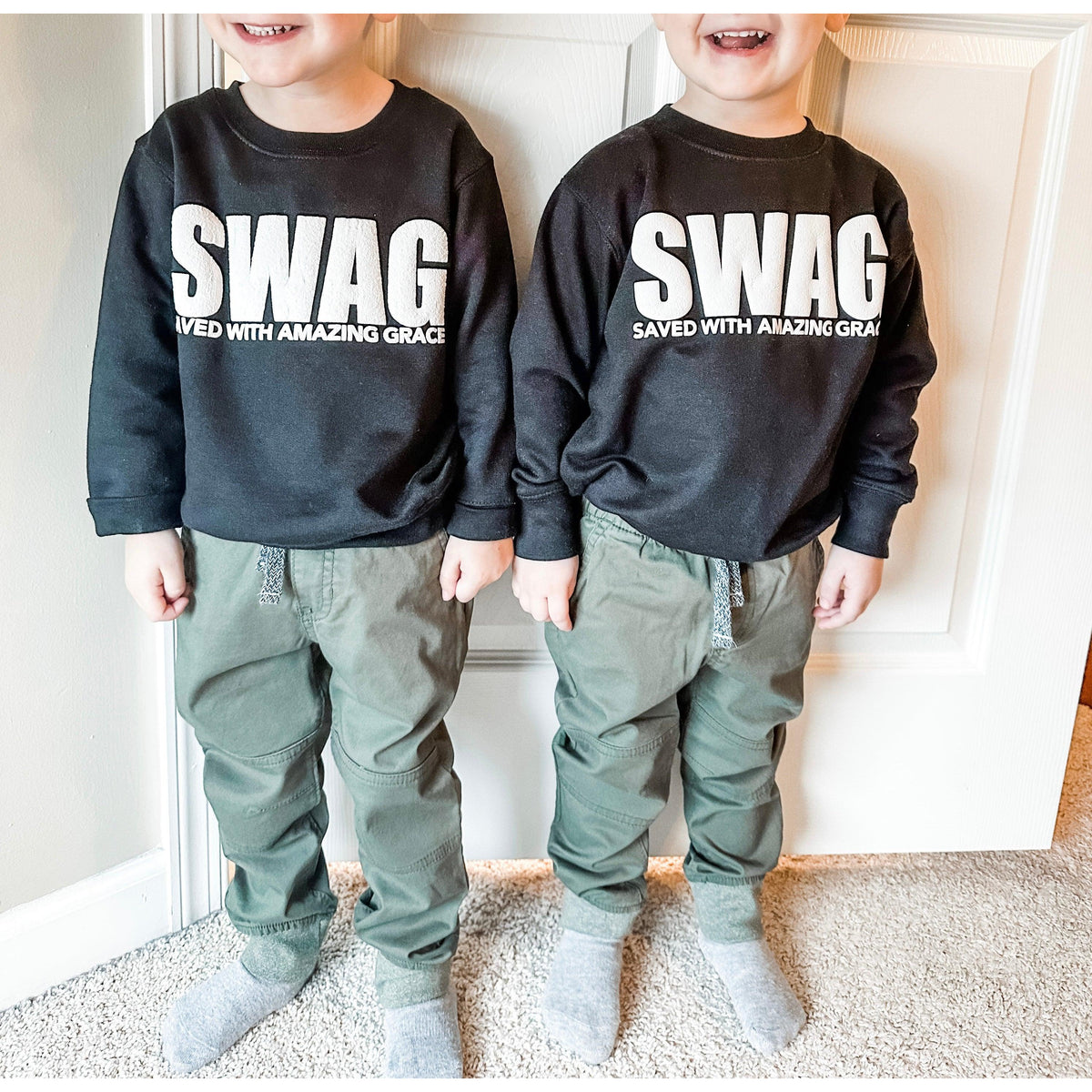 Saved With Amazing Grace (SWAG) | Kids Black Crewneck - becauseofadi