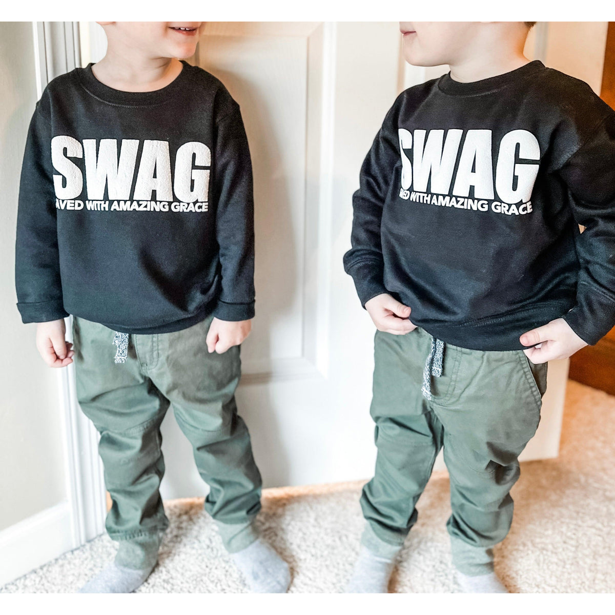 Saved With Amazing Grace (SWAG) | Kids Black Crewneck - becauseofadi