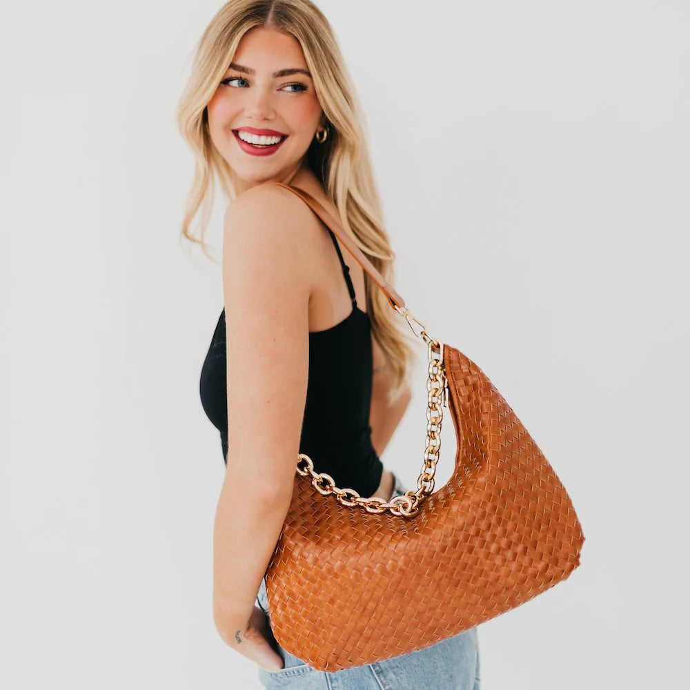 Sienna Slouchy Woven Shoulder Bag – Trendy Chain Strap Purse (3 Colors)