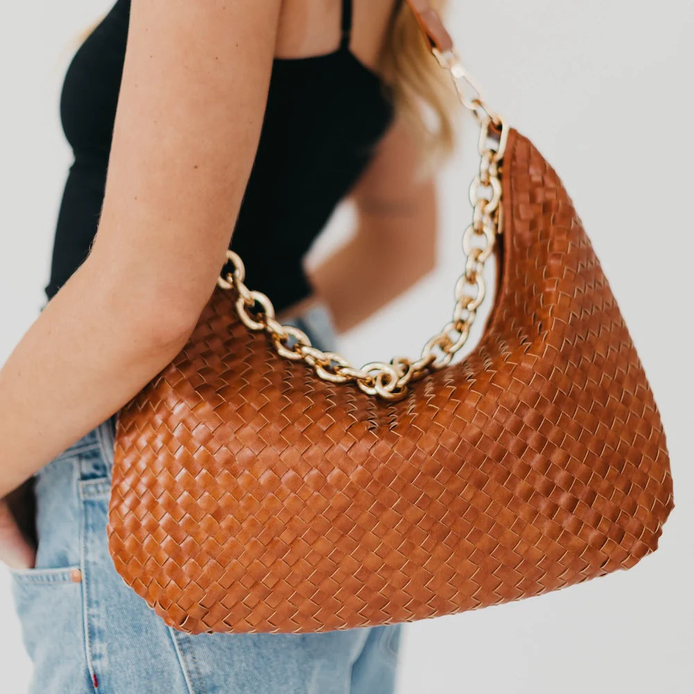 Sienna Slouchy Woven Shoulder Bag – Trendy Chain Strap Purse (3 Colors)