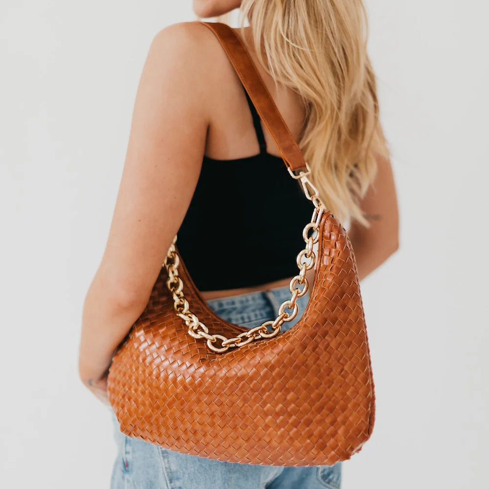 Sienna Slouchy Woven Shoulder Bag – Trendy Chain Strap Purse (3 Colors)