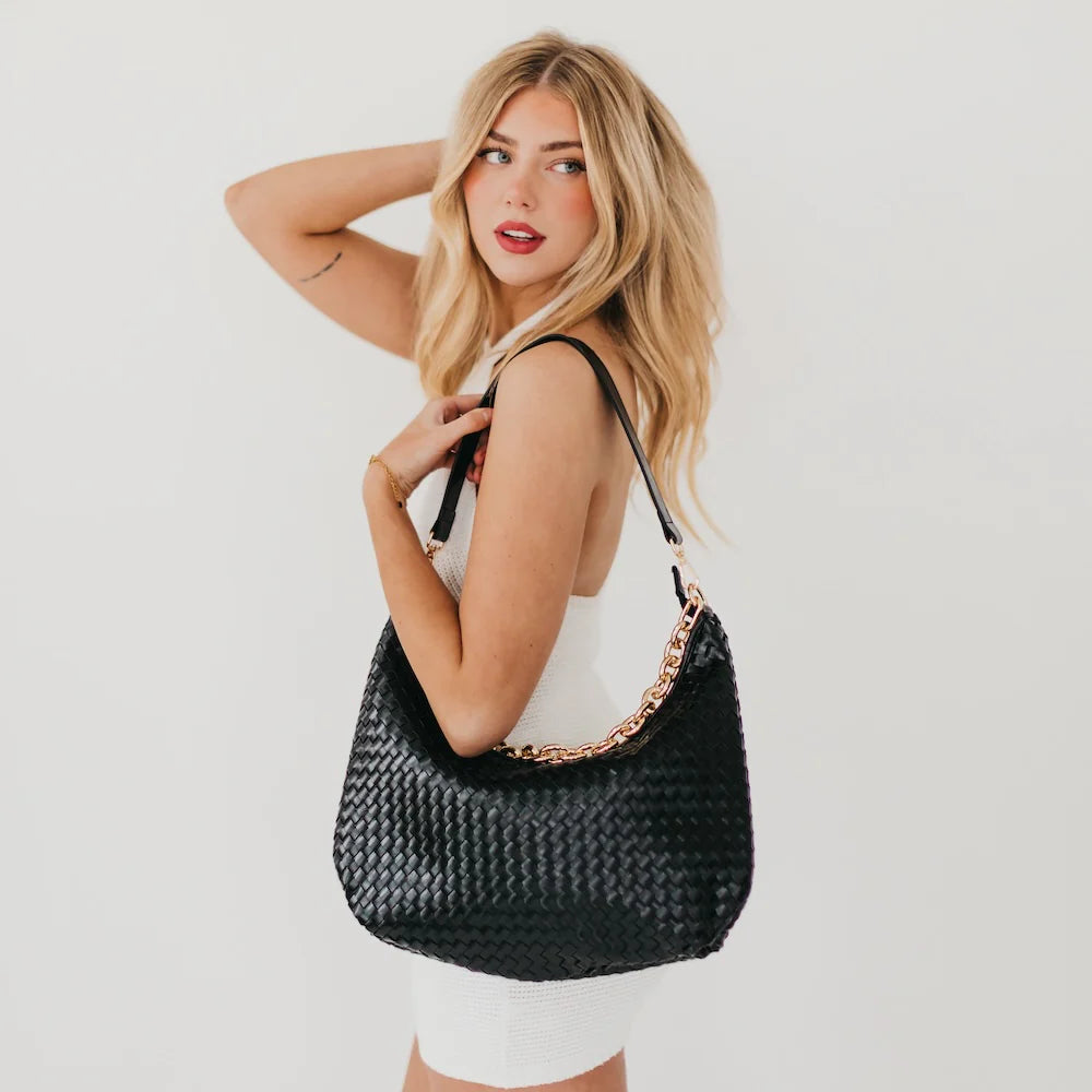 Sienna Slouchy Woven Shoulder Bag – Trendy Chain Strap Purse (3 Colors)