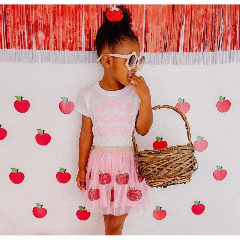 Sweet Wink | Kids Apple Tutu Skirt | Apple Picking Skirt | Pink Soft Tulle Apple Skirt - becauseofadi