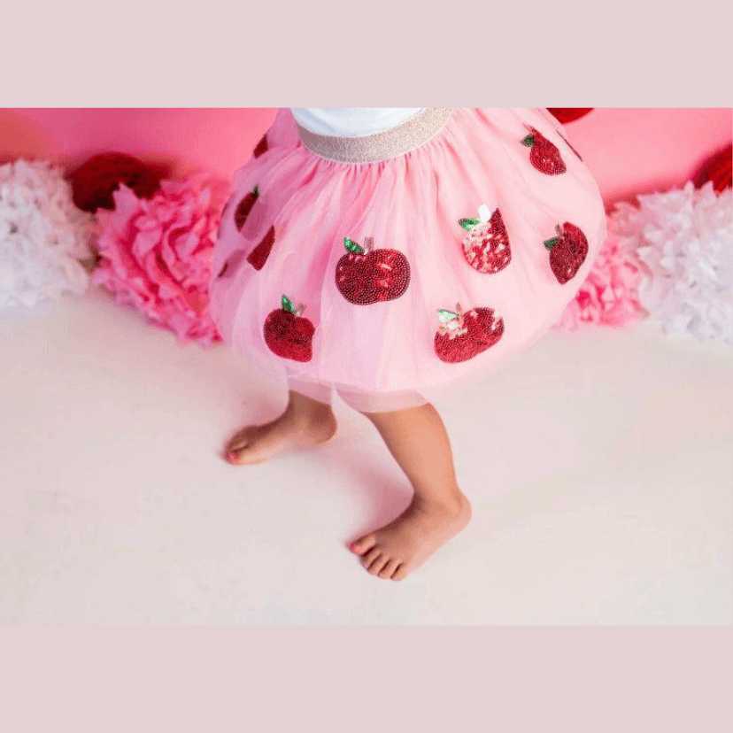 Sweet Wink | Kids Apple Tutu Skirt | Apple Picking Skirt | Pink Soft Tulle Apple Skirt - becauseofadi