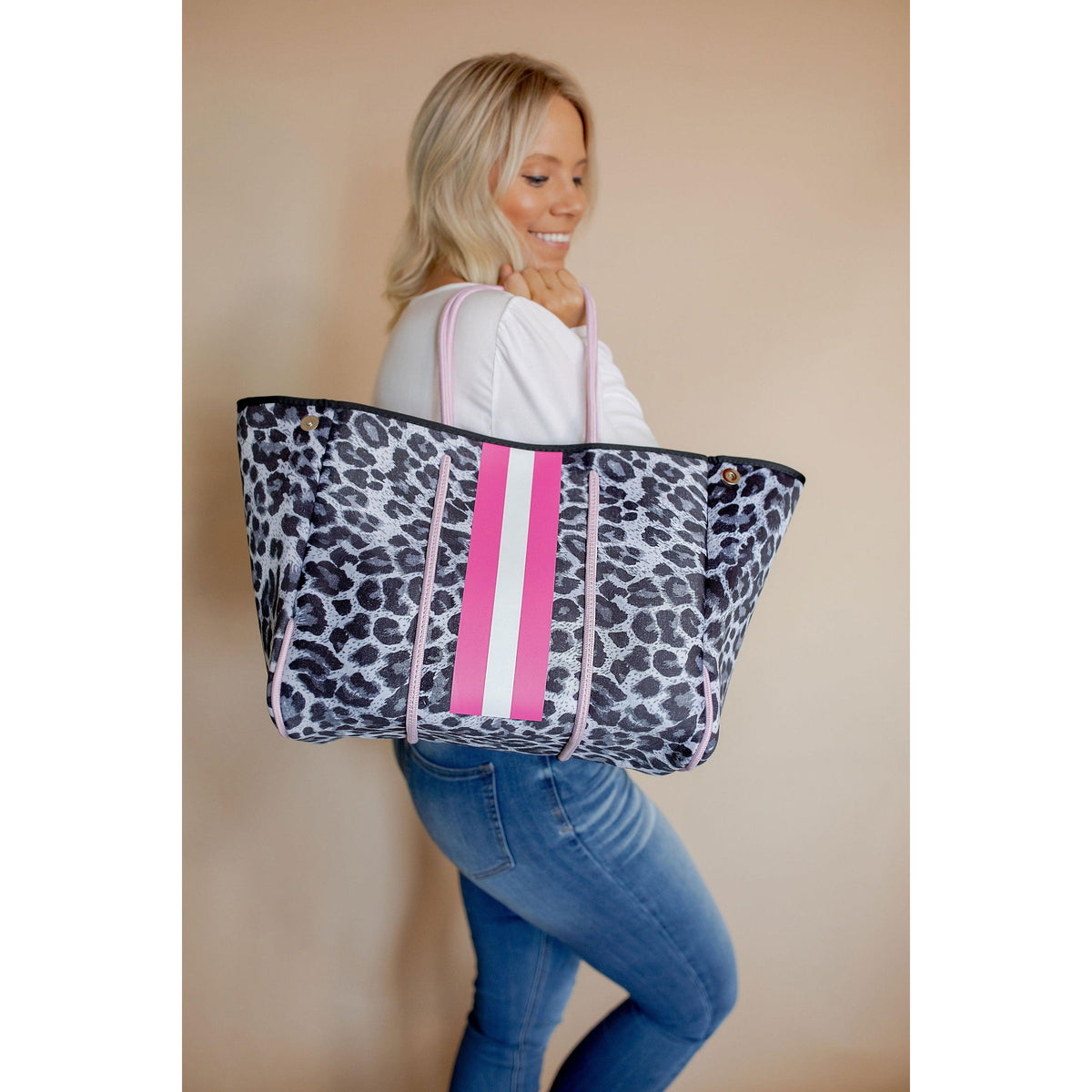 The Classy Cloth | Women's Neoprene Tote Bag | Waterproof Tote Black with Hot Pink and Orange Stripe