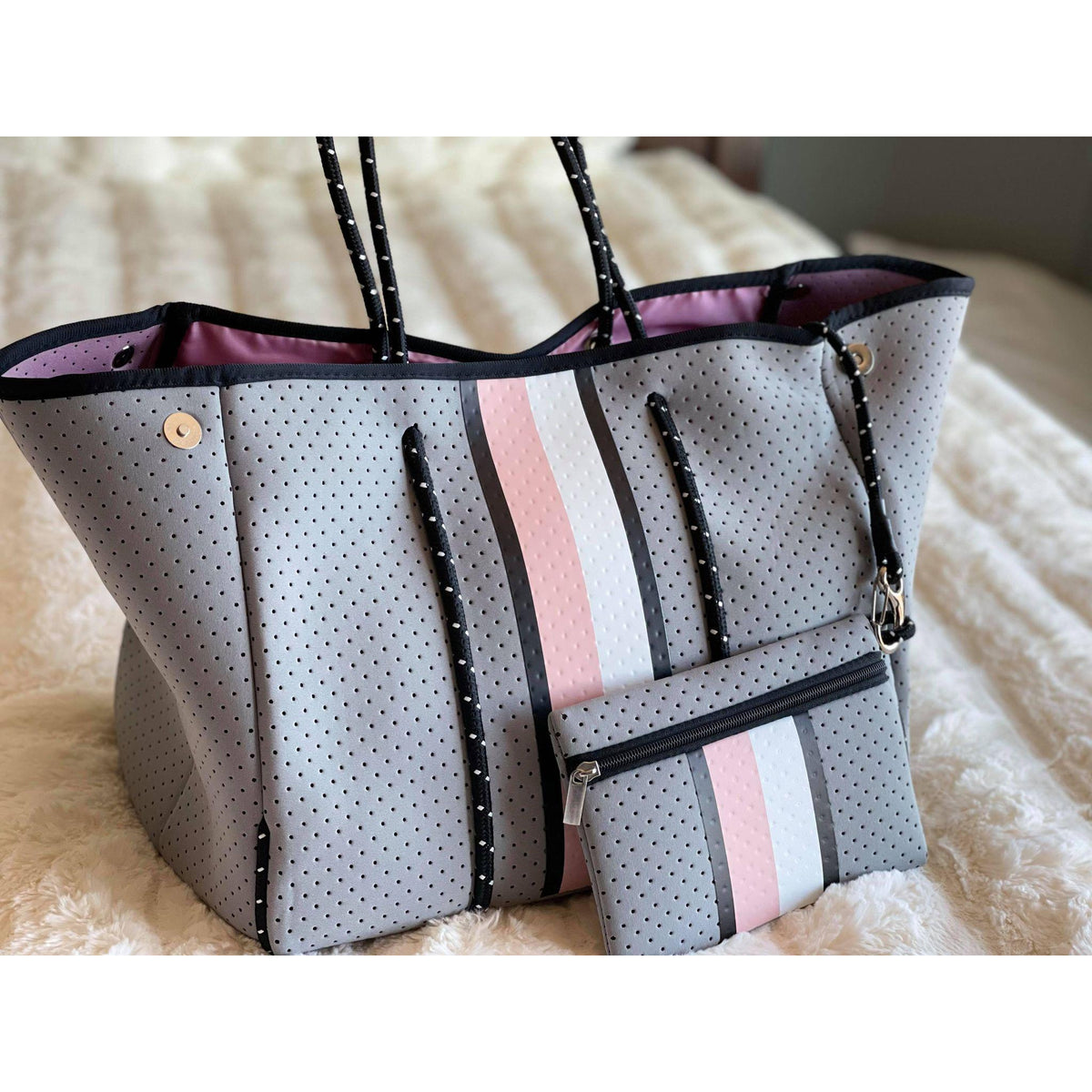How cute is this neoprene tote! If you love the Louis Vuitton print, you'll  love this. Perfect for summer ☀️ Only $60 🤩 • • • #iconicsalonandboutique, By Iconic Salon and Boutique