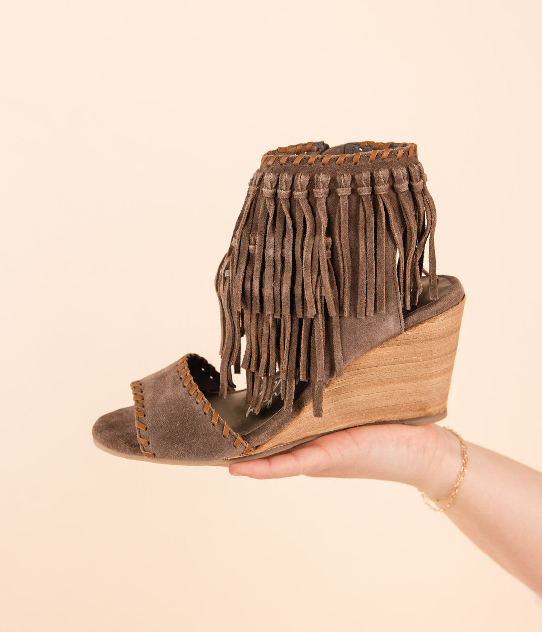 Taupe Leather Fringe Wedge Sandals – Naughty Monkey