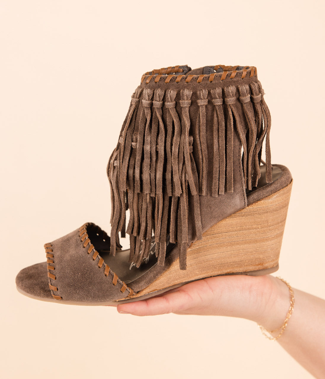 Taupe Leather Fringe Wedge Sandals – Naughty Monkey