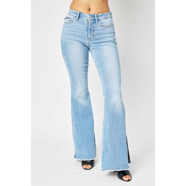 Judy Blue | Mid Rise Raw Hem Slit Flare Jeans