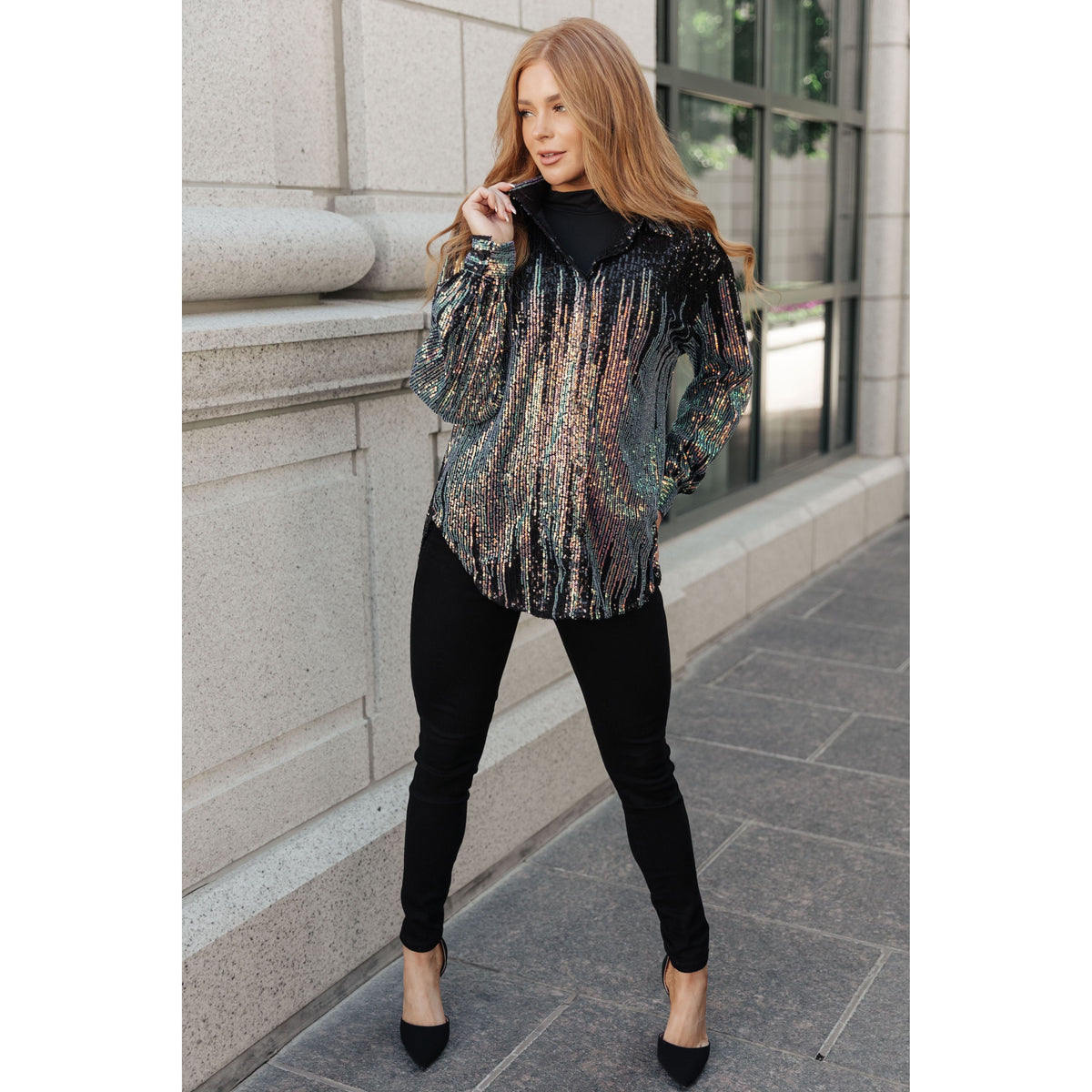 Women's Too Glitz to Glam Button Up Sequin Shirt