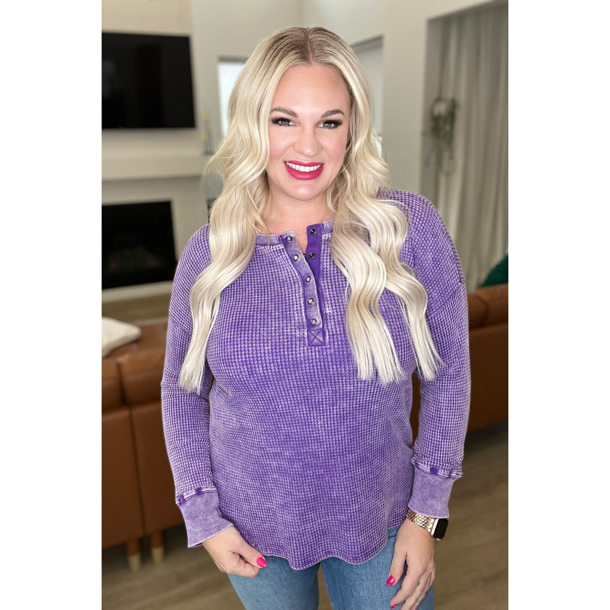 Mineral Wash Baby Waffle Henley in Violet