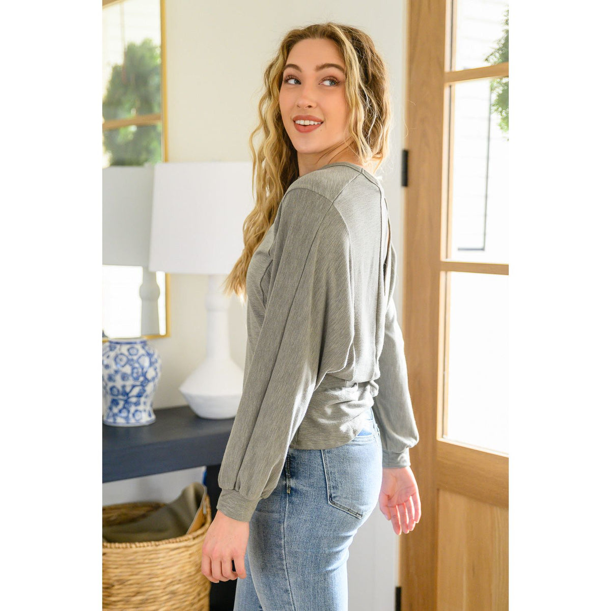 Long Sleeve Solid Knit Open Back Top In Olive