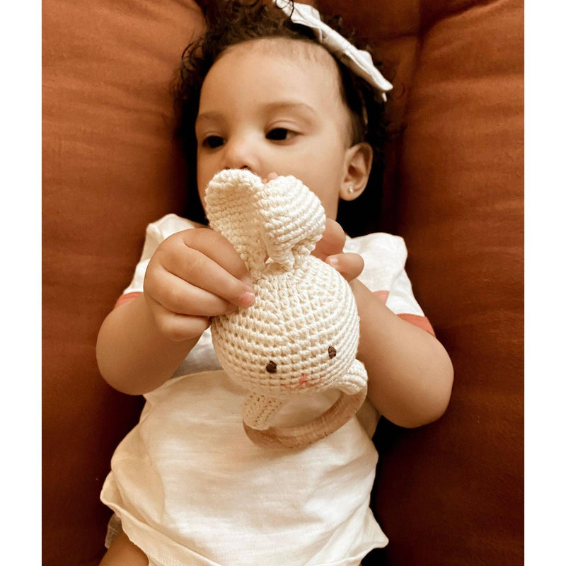 Ali & Oli | Baby Bunny Crochet Teething Toy | Rattle Wood Ring - becauseofadi