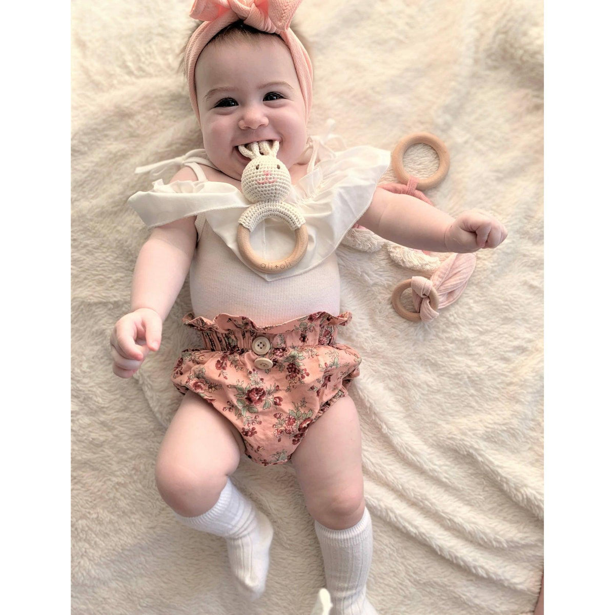 Ali & Oli | Baby Bunny Crochet Teething Toy | Rattle Wood Ring - becauseofadi