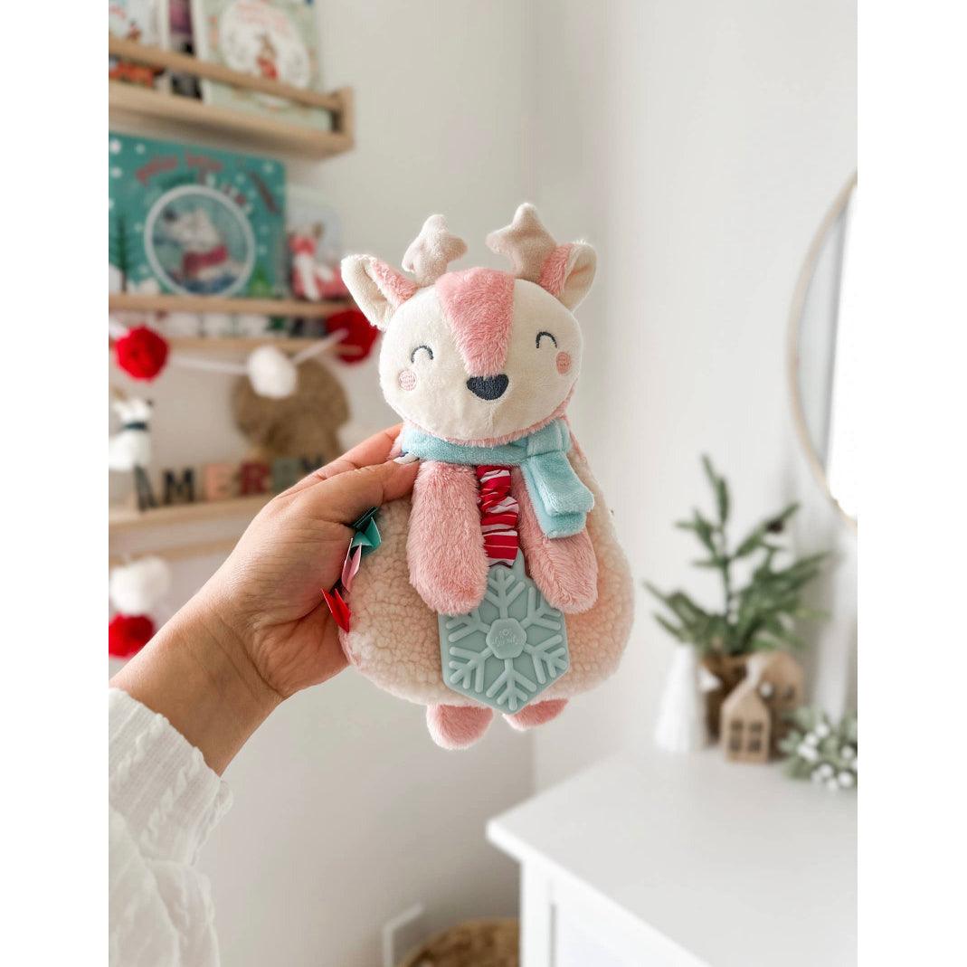 Holiday Pink Reindeer Itzy Lovey Plush + Teether Toy | Baby Teether | Plush Baby Toy - becauseofadi