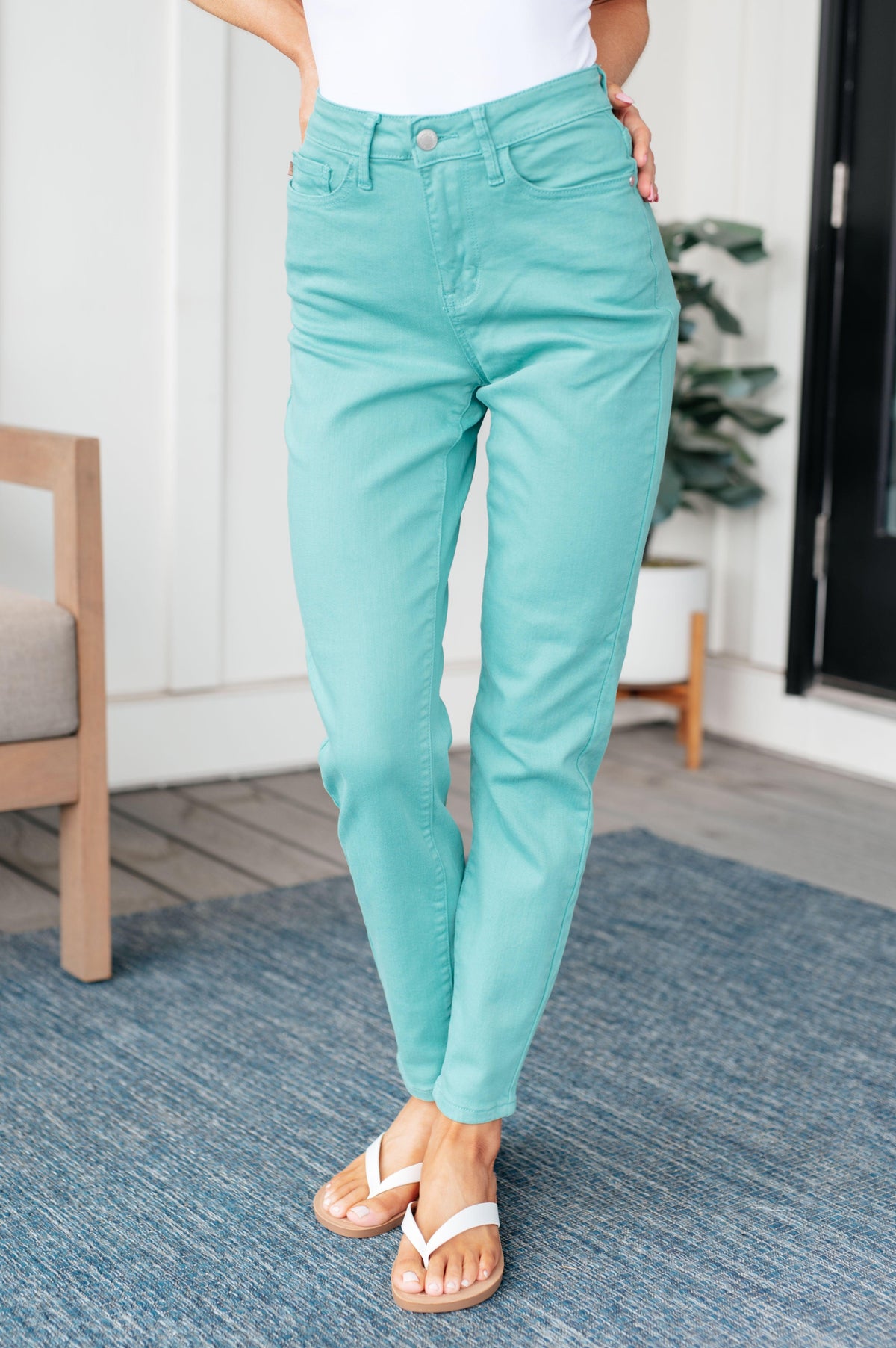 Judy Blue | Bridgette High Rise Garment Dyed Slim Jeans in Aquamarine - becauseofadi