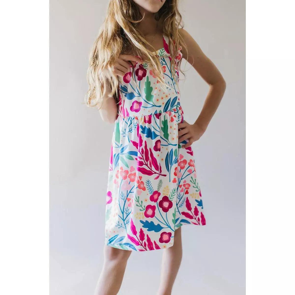 Mountain Blooms Ruffle Cross Back Dress | Girls Floral Dress - becauseofadi