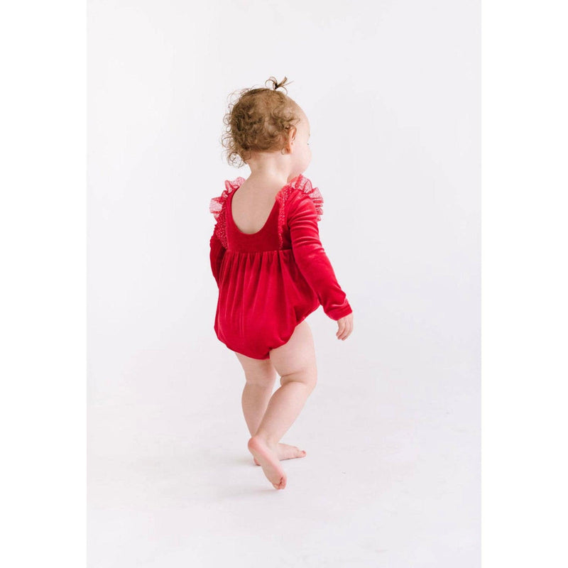 Ollie Jay | Leah Romper in Red Sparkle | Infant Red Velvet Romper - becauseofadi